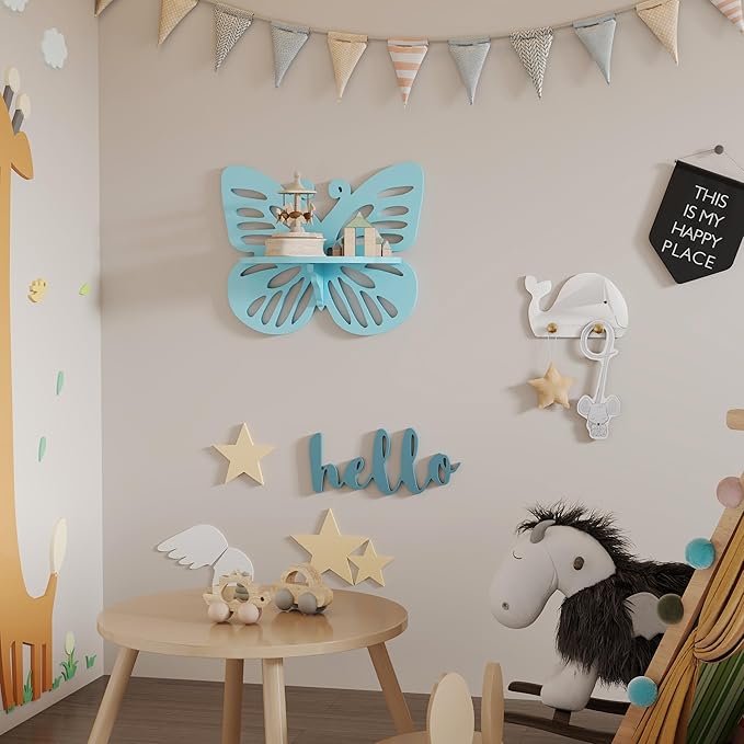 Butterfly Shaped Nursery Wall Deor Floating Shelf, Small Decorative Shelf Wall Mounted, Cute Wall Display Rack for Kid’s Room, Hanging Wall Shelf for Toys, Plants and Decorations Storage,Light Blue