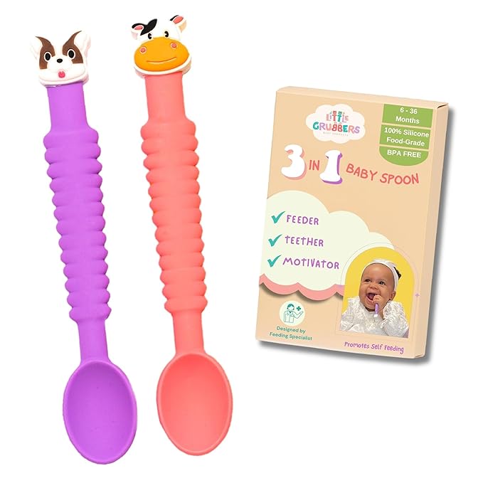 Little Grubbers 3-in-1 Silicone Baby Spoon Self Feeding 6+ Months - Pediatric OT Designed Teether Spoon, BPA Free Toddler Utensils, Mess-Free, Fun for Baby Led Weaning Supplies, Dog & Cow