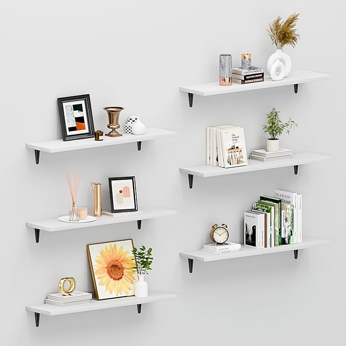 SKYSEN Floating Shelves for Wall Set of 6, 23.6in Wood Wall Shelf for Decor, Bathroom, Bedroom, Storage, Book,Kitchen, Living Room - White(fs-60-w)