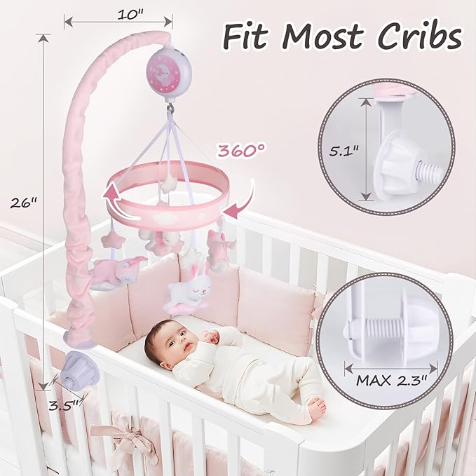 Crib Mobile for Girls, Baby Mobile for Crib with 12 Lullabies Digital Musical Box, 3 Modes, Volume & Songs Control, Pink Design for Nursey Decor