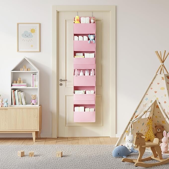 GRANNY SAYS Over The Door Organizer, 6-Shelf Detachable Behind The Door Storage with 8 Pockets, Waterproof Anti Tilt 40lb Large Capacity Hanging Shelf for Nursery, Bedroom, Kids Room, Pink