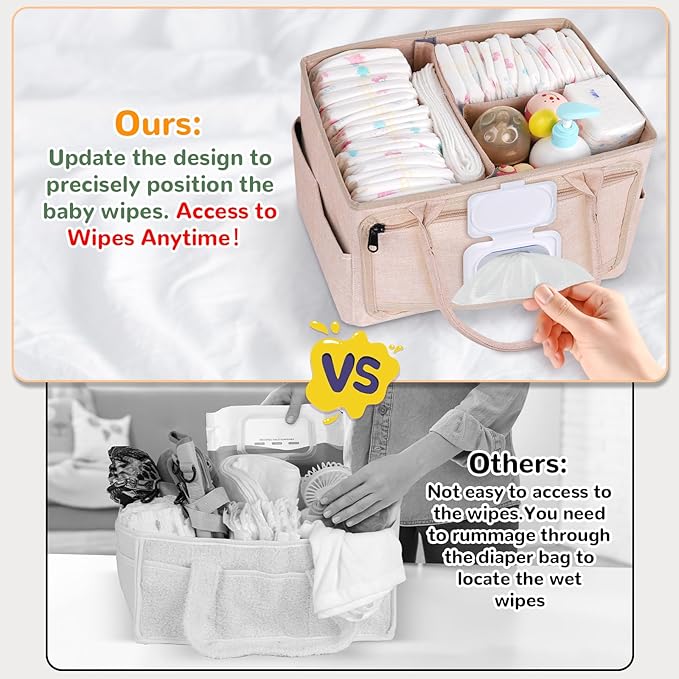 Volnamal Premium Diaper Caddy with Smart Side Wipes Pocket, Diaper Organizer, Portable Car Organizer & Nursery Basket for Newborn Essentials, Perfect Registry Must Haves for Boys & Girls, Beige