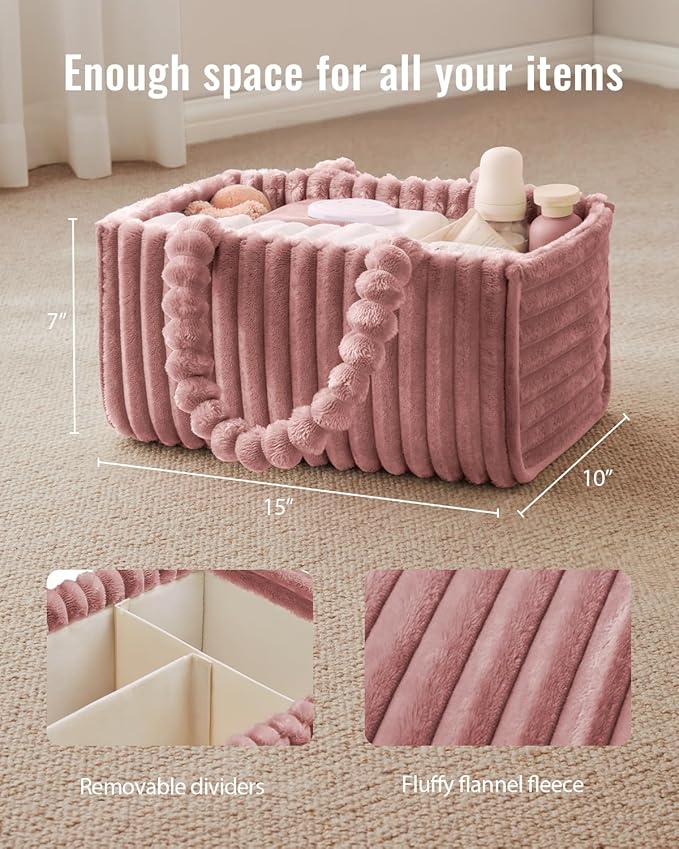 Blissful Diary Flannel Diaper Caddy Organizer, included Gift Packaging, Cozy Nursery Storage Basket, Gift for Baby Shower, Newborn Essentials, Plush Pink