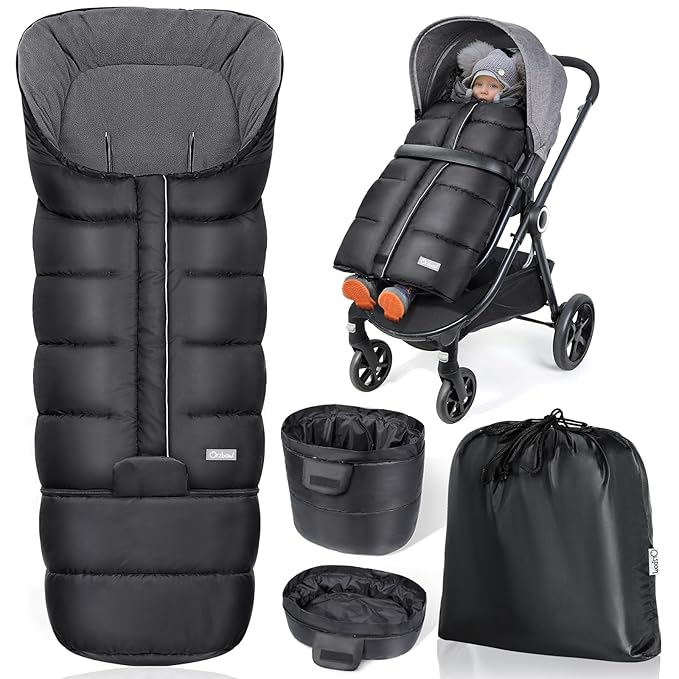 Orzbow Universal Stroller Bunting Bag with Extra Footmuff for Toddler, Kids, Warm Waterproof Winter Stroller Blanket Cover, Baby Bunting Bag - Protect Babies from Cold Winds, Black