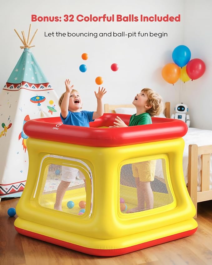QPAU 3-in-1 Inflatable Bounce House for Toddlers 1-3, Ball Pit & Trampoline, Inflatable Bouncy House with Pump, Safety Net, Indoor & Outdoor Bubble Bouncer Baby Play Yard