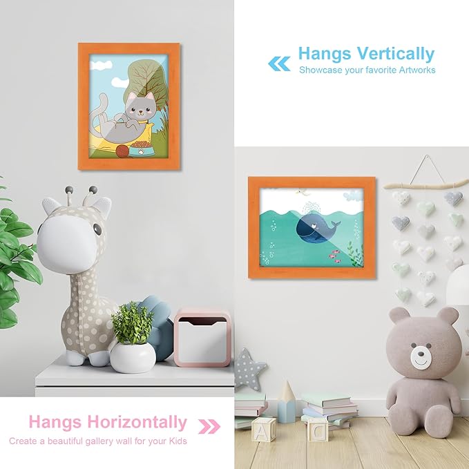 [2-Pack] Kids Art Frames, 8.5x11 Front Opening Kids Artwork Frames Changeable, Orange Artwork Display Storage Frame for Wall, Holds 50 Pcs, for 3D Picture, Crafts, Children Drawing, Hanging Art,