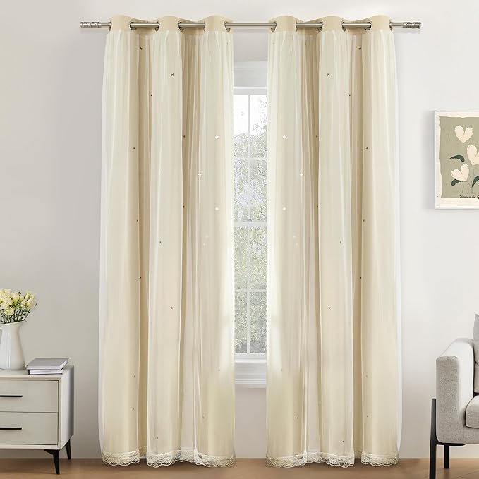 XiDi Biege Blackout Curtains 90 Inches Long for Bedroom Living Room 2 Panels Double Layer Curtains with Sheer Overlay Star Cut Out Wall Home Kid Girl Decor Thermal Grommet Window Drapes W34 X L90