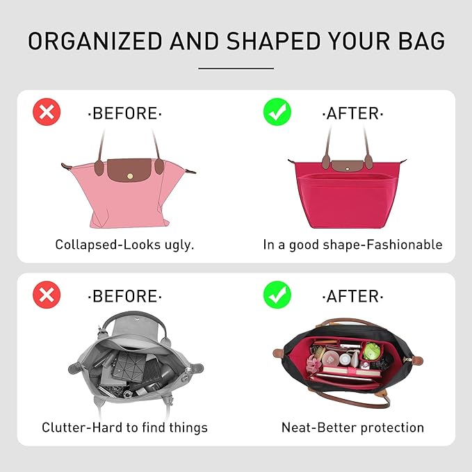 Felt Purse Organizer Insert Compatible with Longchamp Le Pliage Large and More, Zipper Long Champ Bag Organizer Insert with Cup Holder, 8 Compartments (Rose Red,L)