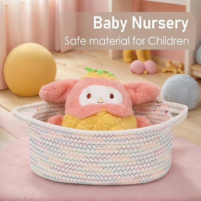JMvicyroam Woven Basket,Small Rope Storage Bin with Handles & Ribbon Bag, Organizer for Shelves Closets,Gift Basket Empty for Birthday,Books,Dog Toys, Colorful