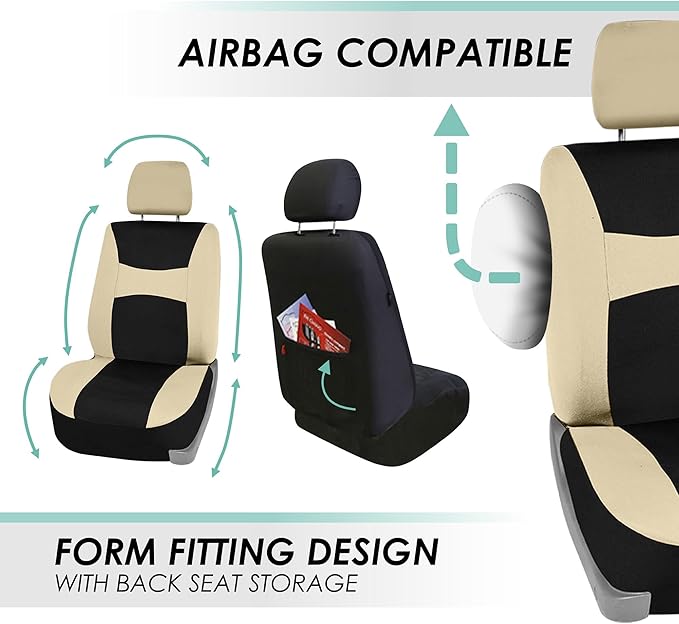 Automotive Seat Covers Beige Black Universal Fit Seat Cover Combo Set with Steering Wheel Cover and Seat Belt Pad (Airbag Compatible and Split Bench)