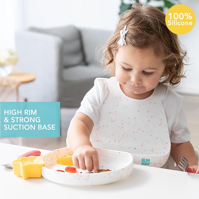 Bumkins Toddler and Baby Suction Plate, Silicone Grip Dish for Babies and Kids, Baby Led Weaning, Children Feeding Supplies, Non Skid Sticky Bottom, Platinum Silicone, 6 Months Up, Vanilla Sprinkles