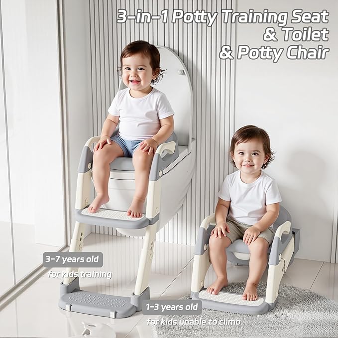 Snugzy Toddler Potty Training Seat 3-in-1 Foldable Potty Training Toilet with Step Stool Adjustable Potty Chair with Urinals (Grey)