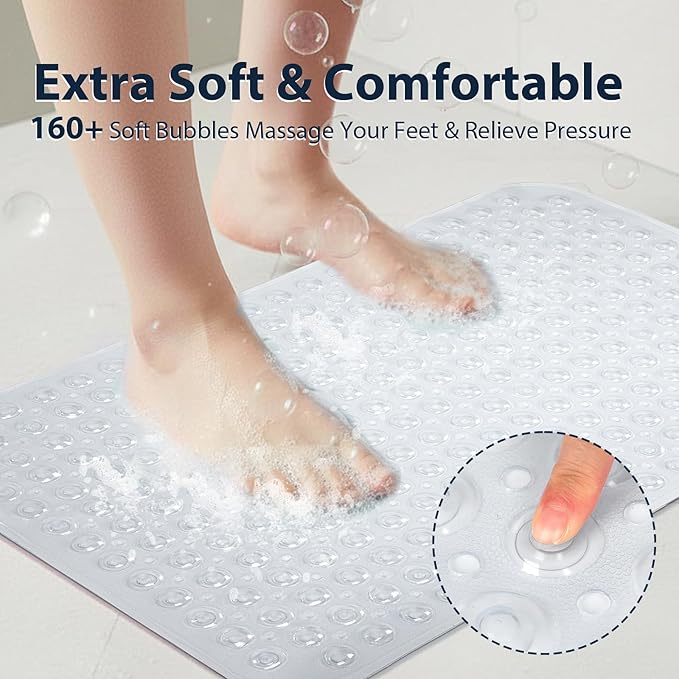 Clear Bathtub Mat Shower Mat Non Slip 17x30 Inch Standard Size, Soft Bubble Bath Tub Mat Shower Mats for Inside Shower Bathroom Floor Mat with Big Suction Cups & Drain Holes, BPA-Free