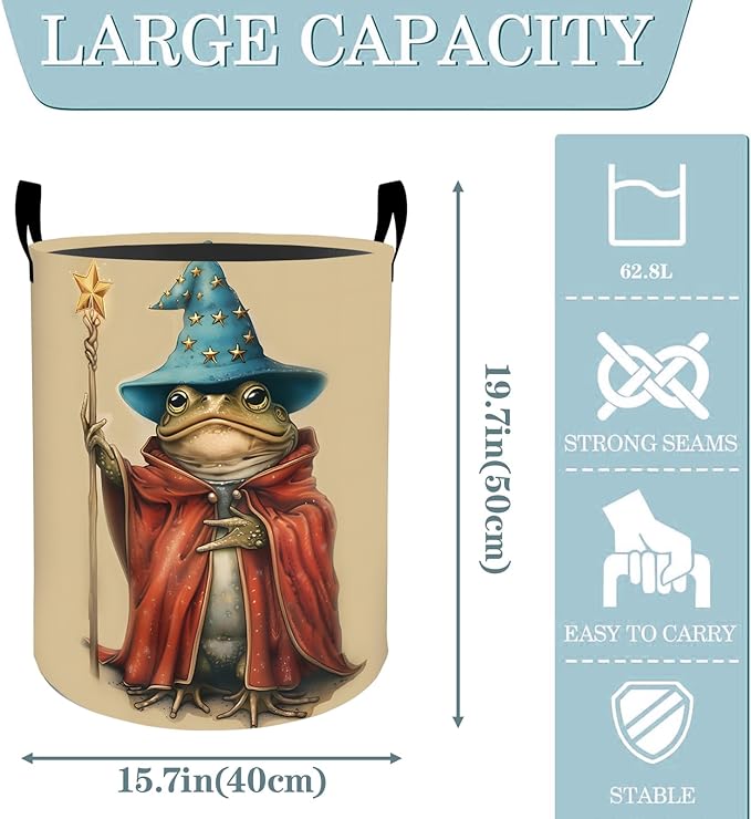 VODRM Wizard Frog Magic Laundry Basket, Dirty Collapsible Clothes Toy Organizer Hamper for Kids Adults, Oxford Cloth Waterproof Storage Bin for Bedroom Bathroom Fantasy Decor Gifts, 19.7"X15.7"
