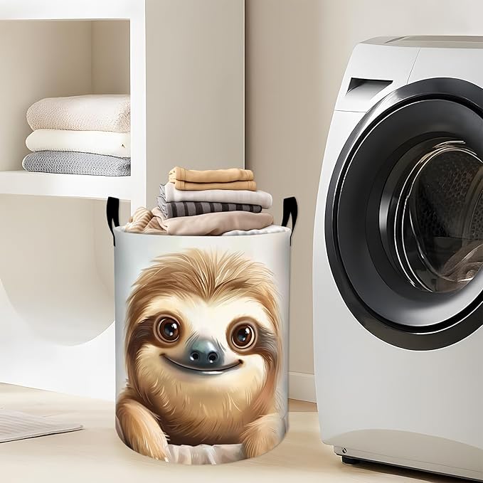 Cute Smiling Sloth with Big Eyes Laundry Basket with Handles, 19.7"x15.7" Clothes Foldable Laundry Hamper Organizer for Dorm Nursery Bedroom Bathroom Decor, Toy Storage Bin for Kids