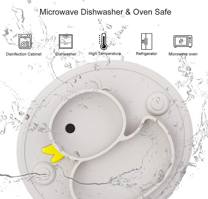 Linowos Baby Divided Plate Silicone- Portable Non Slip Child Feeding Plate with Suction Cup for Children Babies and Kids BPA Free Baby Dinner Plate Microwave Dishwasher Safe … (Duck-Gray)