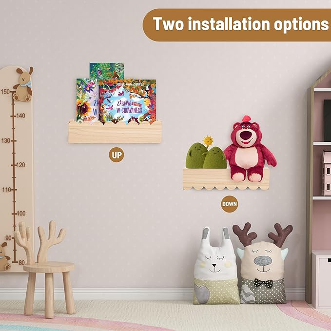 Wood Floating Shelves for Wall,Nursery Bookshelf,Kids Book Shelf,Baby Toys Storage Decor Organizer Wall Mounted for Living Room Bedroom,Wavy Edge,Preassembled,2 Pack,Scalloped Pine(Natural Wood)