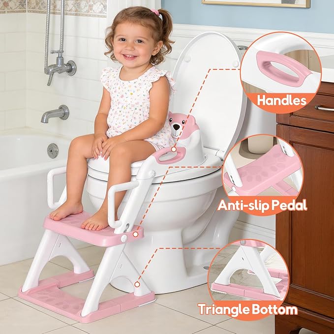 Potty Training Seat, SKYROKU Upgrade Toddler Toilet Seat for Kids Boys Girls,2 in 1 Potty Training Toilet,Splash Guard Anti-Slip Pad Step Stool,New Sector-Shape Stabilized (8899Pro-Pink, Classic)