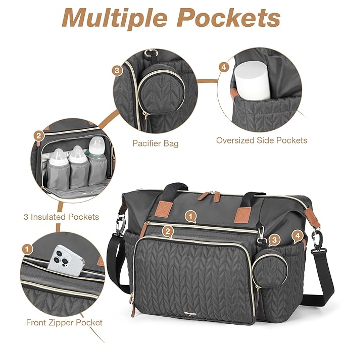 Tonyeee Diaper Bag Tote, Large Baby Diaper Bags Waterproof, Hospital Bag for Labor Delivery with Pacifier Case, Changing Pad, Shoulder Strap, Dark Gray