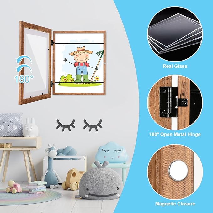 [2 Pack] Kids Art Frames, 10x12.5 Front Opening Kids Artwork Frames Changeable,Dark Woodgrain Artwork Display Storage Frame for Wall, Holds 50 Pcs, for 3D Picture, Crafts, Children Drawing, Hanging