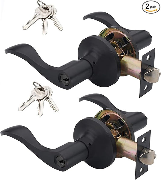2 Pack of HENYIN Wave Lever Keyed Entry Door Lock/Door Knob Hardware Handle and Closet Lockset, Black Color, with Key,Left Hand(805-B-L-2)