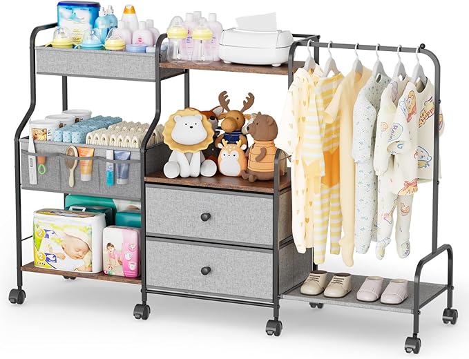BBLIKE Diaper Caddy Organizer with Hanging Rack - 3 Tier Rolling Utility Cart with Drawers and Dividers for Baby Bottle Storage - Bedside Cart for Changing Station, Crib, Nursery, Bedroom, Gray