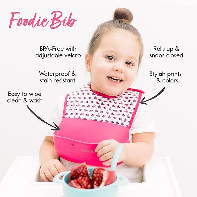 Bazzle Baby Silicone Bibs with Food Catcher - Rolls Up and Button closed for easy travel and storage Waterproof 2-Pk