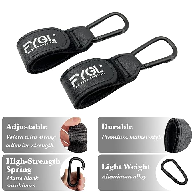 Stroller Hooks - Leather Buggy Clips, Pushchair Carabiner Clip for Bags, Easy Attachment for Pram, Universal Stroller Clips and Hooks, Stroller Accessories - Black (2 Pack)