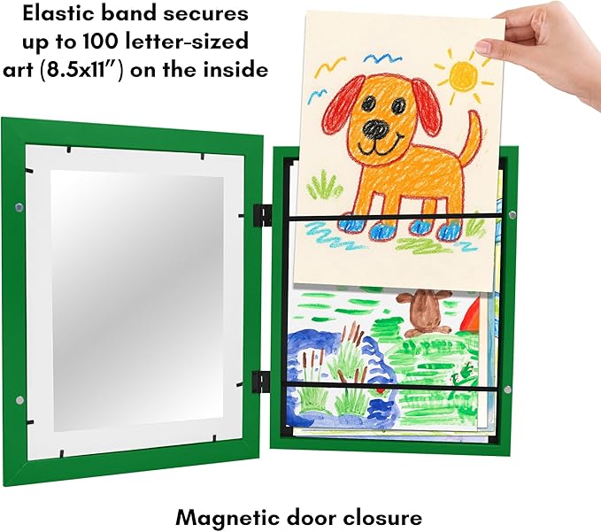 Americanflat Kids Artwork Frame Changeable (Shamrock Green) - Magnetic Door Holds 100 Art Pieces - 8.5x11 Letter Size Display with Mat or 10x12.5 Without Mat - My Mini Masterpiece
