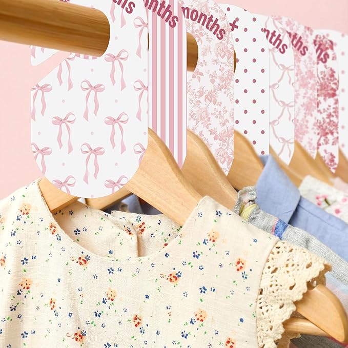 8 Pcs Pink Baby Closet Dividers Double-sided Bow Baby Girl Clothes Closet Hanger Dividers Wardrobe Organizer Coquette Preppy Nursery Decor for Sorting 8 Sizes from Newborn to 24+ Months