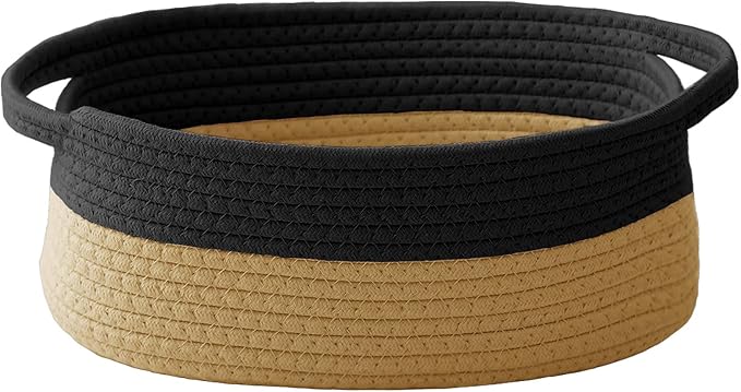 JMvicyroam Woven Basket,Small Rope Storage Bin with Handles & Ribbon Bag, Organizer for Shelves Closets,Gift Basket Empty for Birthday,Books,Dog Toys, Black&Jute