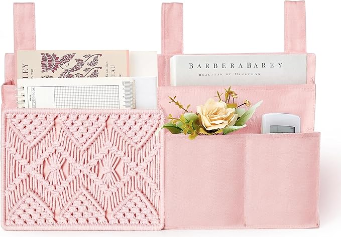 Mkono Bedside Caddy Hanging Organizer, Bunk Woven 7 Pockets Bed Storage Bag Boho Remote Magazine Books Holder with Macrame for Loft Bed College Dorm Bedroom Baby Bed Rails, Pink
