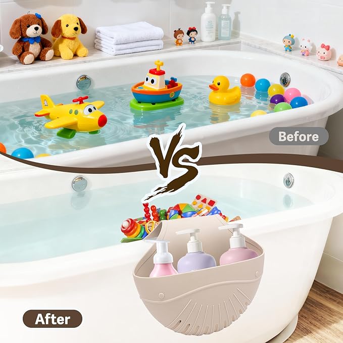 Silicone Bath Toy Organizer for Tub, Flexible 2-Compartment Bathtub Storage Basket for Kids & Adults, Drainable Toy Holder and Foldable Shower Caddy for Bathroom Essentials（Beige）