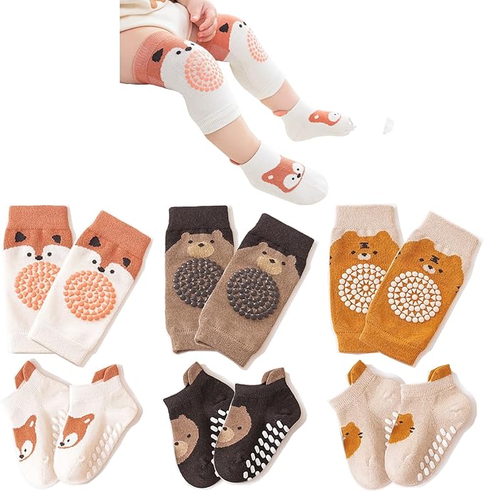 TFTSR Baby Knee Pads for Crawling (3 Pairs) and Baby Socks for Walking (3 Pairs), Walking Protector for Toddler Kid Girls Boy
