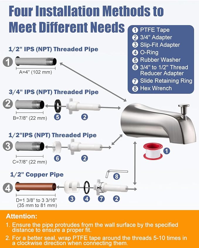 Universal Bathtub Tub Spout with Diverter, Fits 1/2" Slip-Fit Copper Pipe and 1/2" IPS & 3/4" IPS Thread Connections,Bathroom Tub Faucet Replacement with Adapters,PTFE Tape &Hex Wrench(Brushed Nickel)