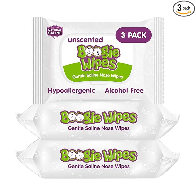 Boogie Wipes Saline Nose Wipes - 90 Count - Unscented, Hypoallergenic & Alcohol-Free - Allergy Relief - Made with Natural Saline, Aloe, Chamomile & Vitamin E - Diaper Bag Essential