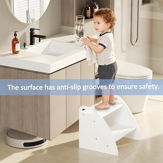 Step Stool for Toddlers, Two Stepping Stool Toddler 300lbs Capacity, with Non-Slip Handles and Pads,White Kids Step Stool for Bathroom Sink, Perfect Natural Wooden Step Stool for Kitchen