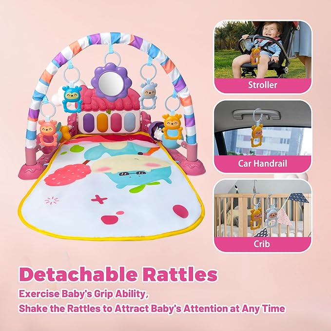 Baby Gym Play Mat, Musical Activity Center for Baby, Kick and Play Piano Gym, Tummy Time Play Mat for Newborn Babies Infants Boys Girls 0-3-6-9-12 Months (Pink)