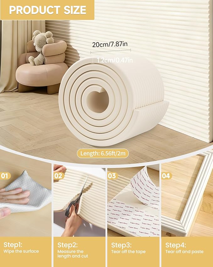 7.9''W Extra-Wide Edge Protector, 6.56FT 0.47''Th Baby Proofing Corner Guards, Safety Furniture Bumper, Pre-Taped, Thick Soft Rubber Foam Padding for Fireplace Table Stair Cabinet (Beige)