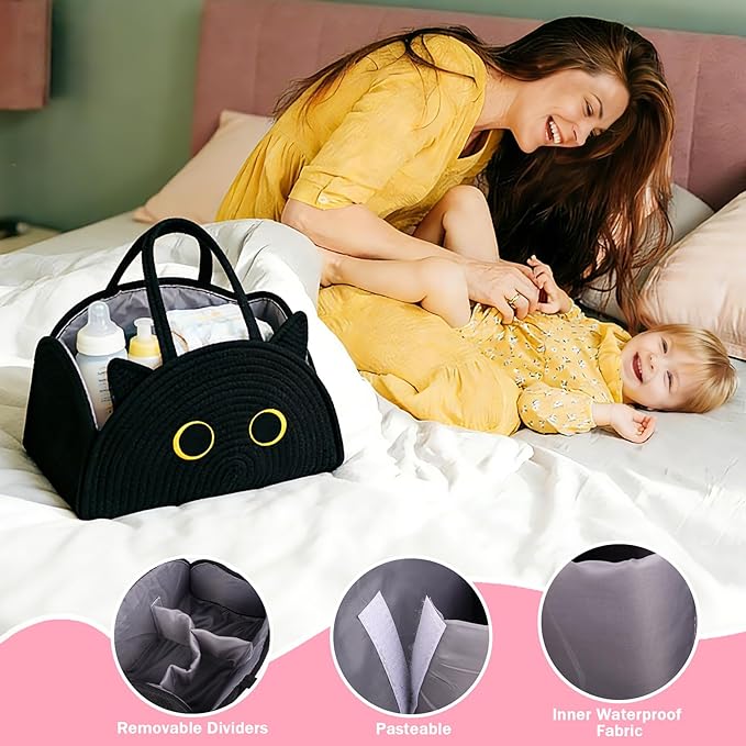 Black Cat Baby Diaper Caddy Organizer, Cute Cat Woven Cotton Rope Basket for Nursery, Portable Caddy Empty Gift Basket, Large Bag Baby Shower Towels Wipes for Newborn Essentials Storage Bins