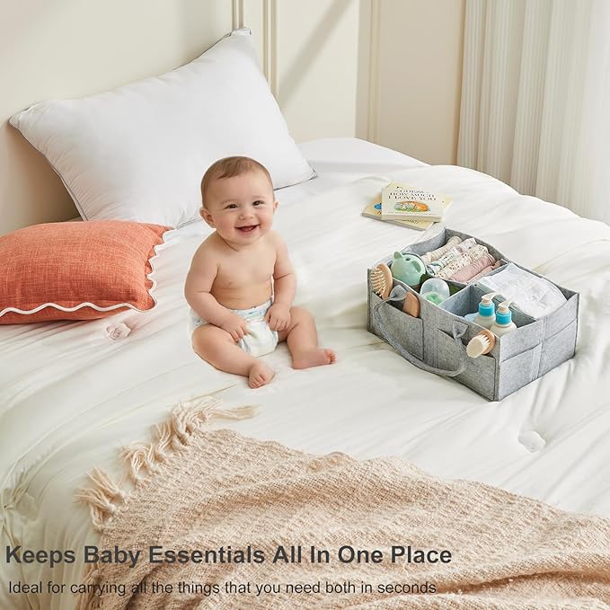 Upgraded Baby Diaper Caddy Organizer, Portable Nursery Storage Bin with Handle, Side Pockets Car Organizer for Diapers and Baby Wipes Essentials, Registry Gift Baskets (1Pcs-Large-Grey)