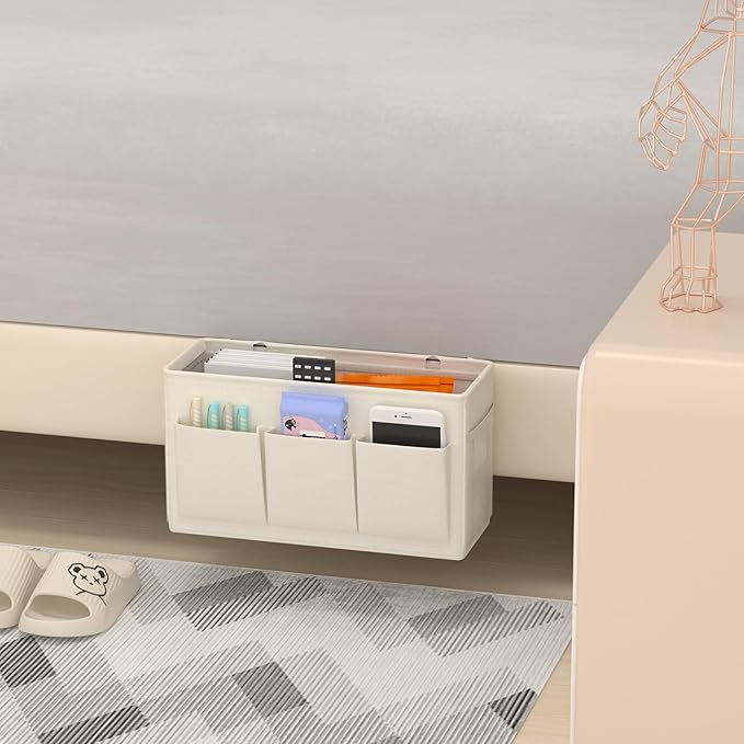 Edudif Dual-purpose Bedside Caddy Bedside Organizer, Bed Caddy with 6 Pockets, Versatile Bedside Storage Solution Magazine Remotes holder, ideal for Home, Dorm, Hospital, Crib Bed (White)
