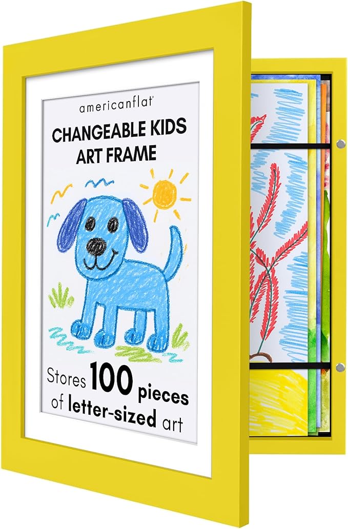 Americanflat Kids Artwork Frame Changeable (Sunshine Yellow) - Magnetic Door Holds 100 Art Pieces - 8.5x11 Letter Size Display with Mat or 10x12.5 Without Mat - My Mini Masterpiece