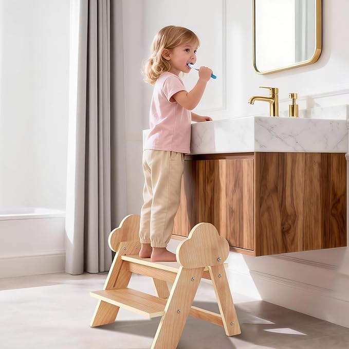 Novarieth Beech Wooden Toddler Step Stool, 2-Step Foldable Stool for Kids with Non-Slip Surface, Baby Bathroom Stool for Potty Training, Bathroom Sink, Kitchen Counter with Cute Cloud Design