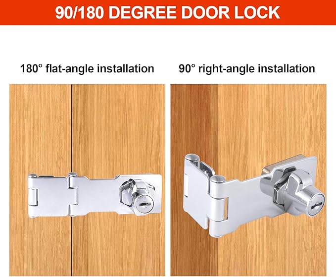 KIBBEH 2 Pack Door Lock Hasp Latchs, Collapsible Solid 304 Stainless Steel File Cabinet Lock Desk Drawer Lock, for 90 Degree and 180 Degree Drawers, Dabinets, Doors, Flip Barn Door (Universal Key)