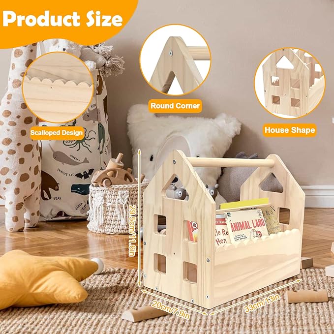 ElasignShopo Double-Sided Montessori Scalloped Bookshelf for 1-5 Years, Nursery Cute Storage for Books, House Shape Wooden Nursery Small Bookshelf, Room Furniture, Baby Bookcase 12 * 11.6 * 7.9"