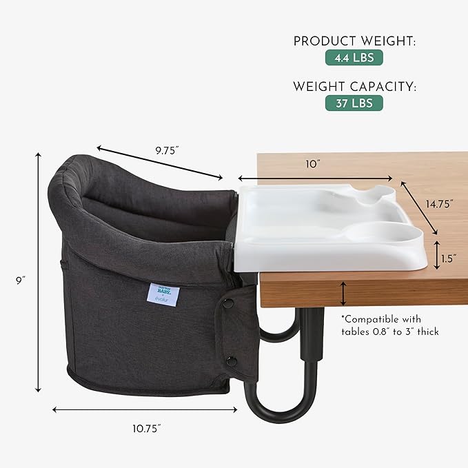 Evolur Clamp-On Comfort Table Chair, Portable Clip-On High Chair for Babies & Toddlers (6–36 Months), Removable Washable Seat Cover, Dishwasher-Safe Tray, Foldable Design with Carry Bag – Black