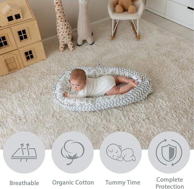 Aila+Aiden Baby Lounger | Organic Cotton Infant Lounger | Reversible, Adjustable & Portable Floor Lounger |Supervised Use | Soft, Breathable, Washable Cover - Star Collection (Travel Gray)
