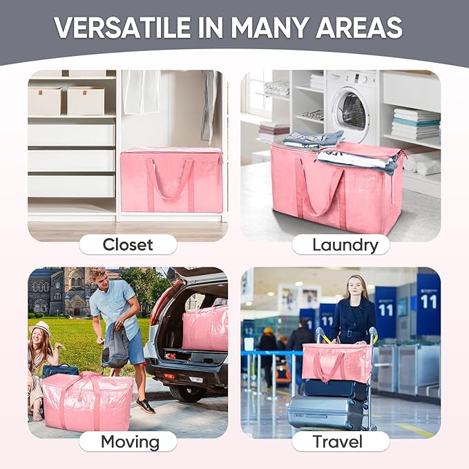 TICONN 2 Pack Extra Large Moving Bags Heavy Duty with Zippers & Carrying Handles, Durable Storage Bags Moving Boxes for Closet Organizers and Storage (2 Pack, Coral)