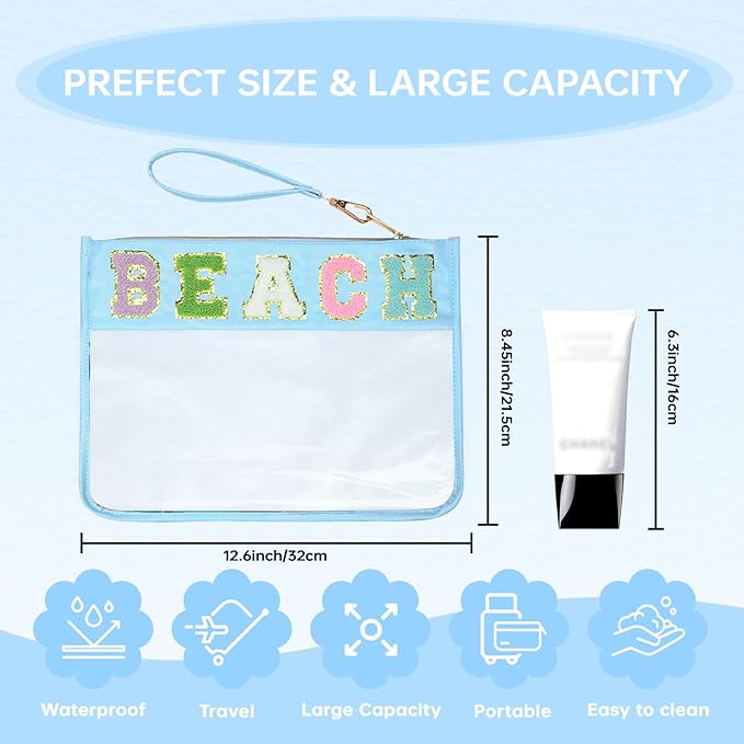 Chenille Letter Clear Zipper Pouch for Travel Preppy Patch Makeup Bag-Nylon Cosmetic Preppy Makeup Waterproof Organizer Bag Set for Women Valentines Bag (BL-BEACH)